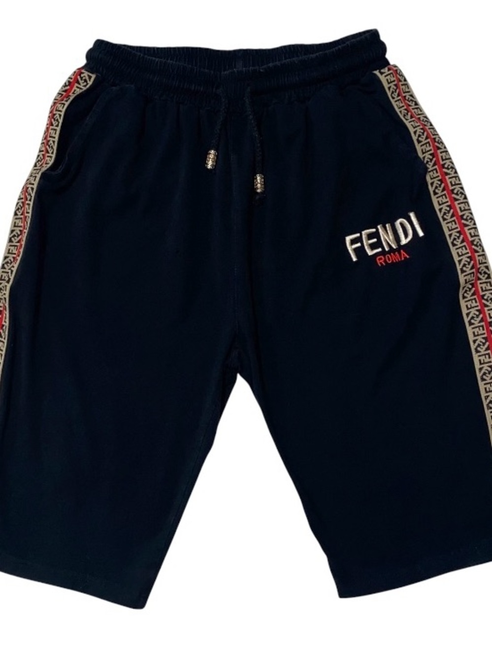 Fendi Reps Black Beige Side Striped Shorts Drawstring Stretch Mens 3XL (C)